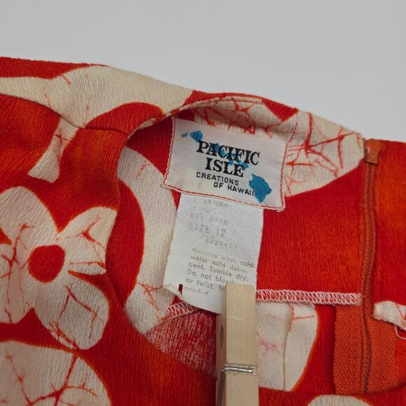 VTG Pacific Isle Outfit 2 Piece Tunic Shirt Shorts 70s Barkcloth Orange Floral - Picture 5 of 15